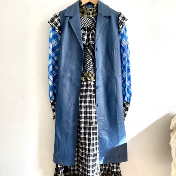 Vintage Jackets & Blazers - Vintage Navy Blue Leather Vest Sleeveless Duster Maxi Length Dress Topper Anthro